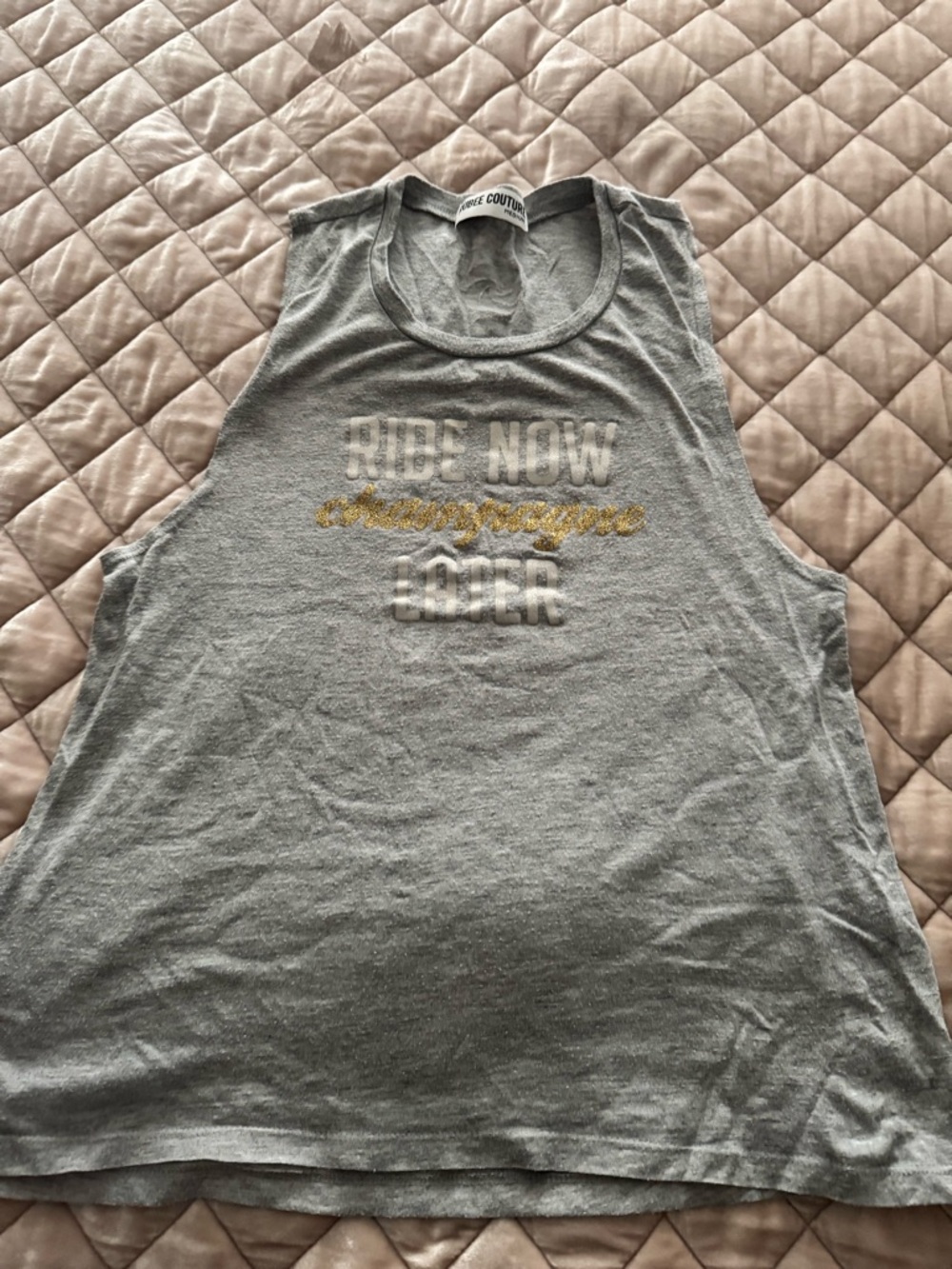‘Ride Now, Champagne Later’ Gray Sleeveless Graphic Tank